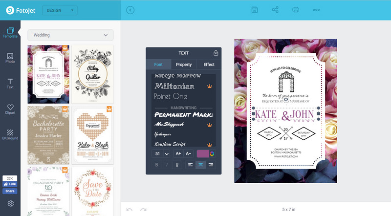 Apply a wedding template in FotoJet's wedding invitation maker.